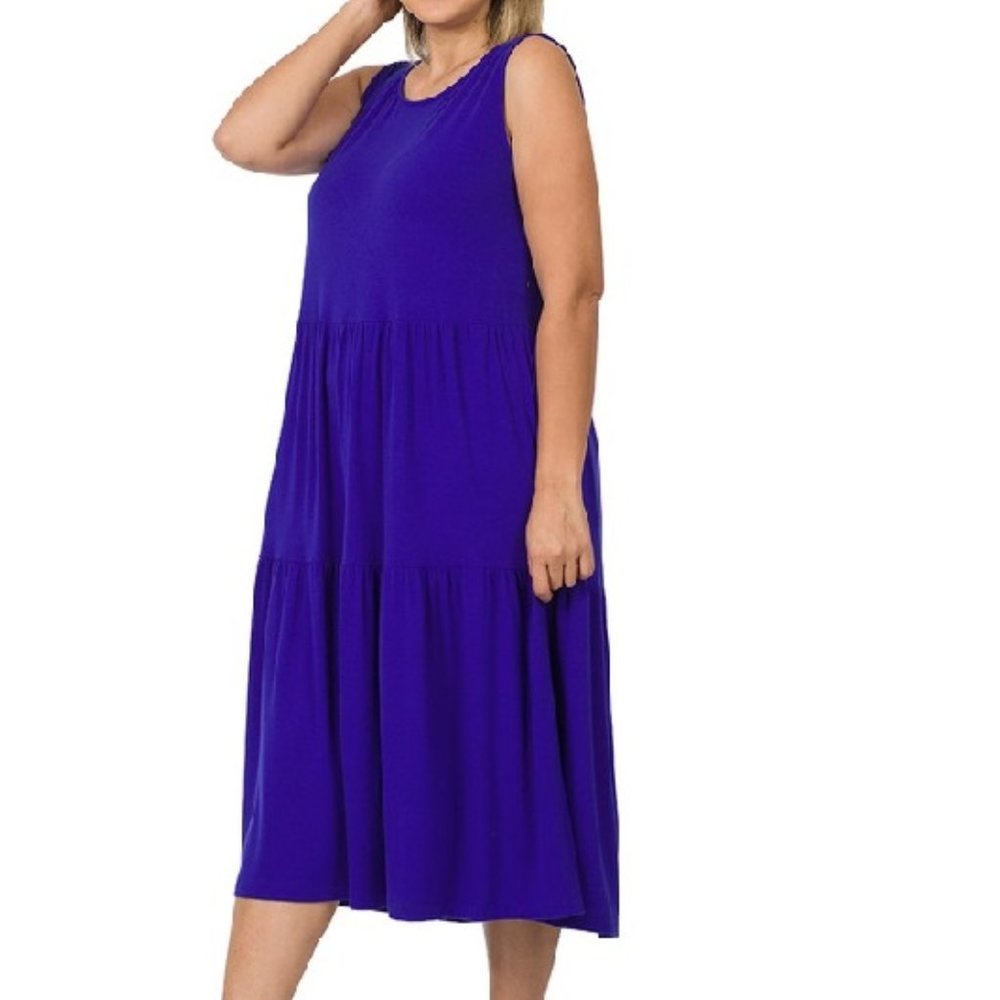 Zenana Plus Size Midi Dress Womens Casual Sleeveless Tiered Bright Blue 1X 2X 3X